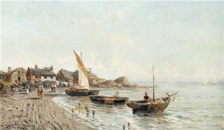 Achille Dovera "Paese della Normandia" 
olio su tavola (cm 23x43)
Firmato in bas