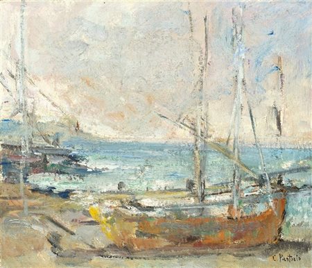 Ezio Pastorio "Barche" 
olio su tela (cm 34x40)
Firmato in basso a destra
Al ret