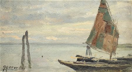 Luigi Comolli "Chioggia" 1954
olio su cartone (cm 12x23)
Firmato in basso a sini