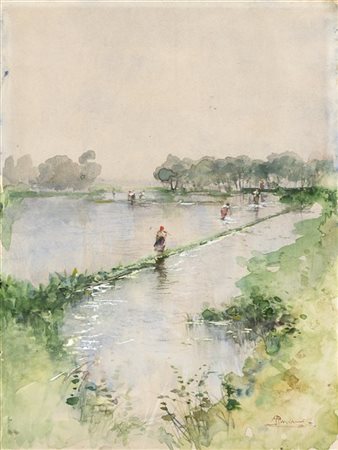 Pompeo Mariani "Risaia con le mondine" 
tecnica mista su carta (cm 31x22)
Firmat