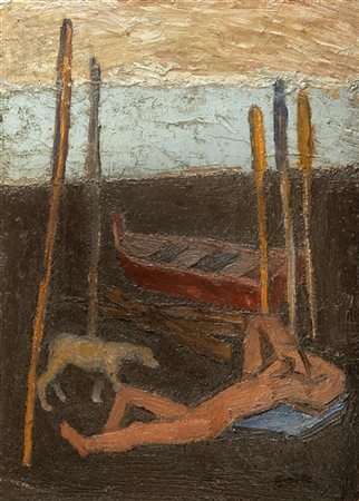 Emilio Notte "Il riposo del pescatore" 
olio su multistrato (cm 34,5x24,5)
Firma