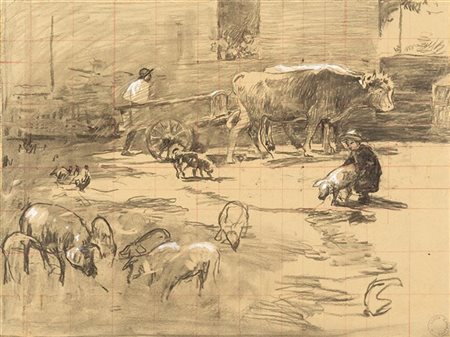 Luigi Chialiva "Scena in cortile" 
tecnica mista su cartoncino (cm 35x45,5)
Timb