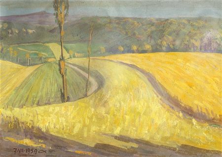 Ernesto Bergagna "Paesaggio emiliano" 7.VII.1959
tempera su carta (cm 17,5x25,5)