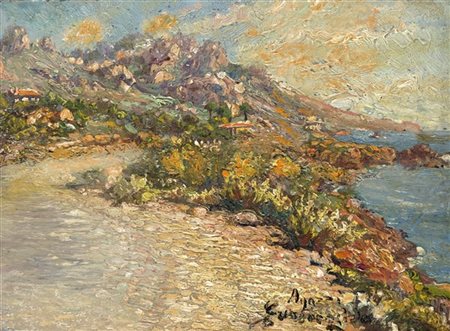 Ermenegildo Agazzi "Costa Azzurra" 
olio su tavola (cm 16x22)
Firmato in basso a