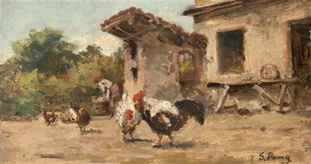 Silvio Poma "In cortile" 
olio su tela (cm 15,5x27,5)
Firmato in basso a destra