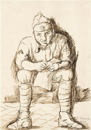 Fiorenzo Tomea "Il riposo del soldato" 1939
disegno a china su carta (cm 34x24)
