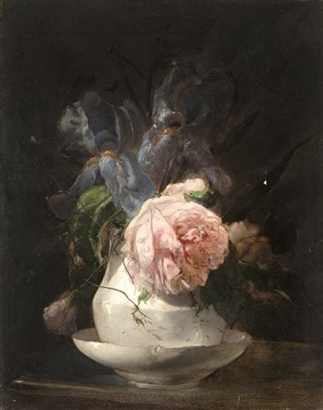 Luigi Scrosati "Vaso di fiori con peonia e iris" 
olio su tela (cm 45x35)
Firma