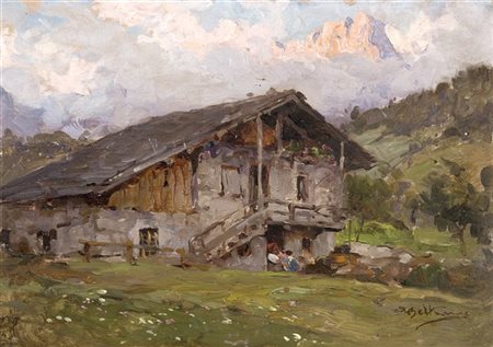 Achille Beltrame "La baita" 
olio su tavola (cm 16x22,5)
Firmato in basso a dest