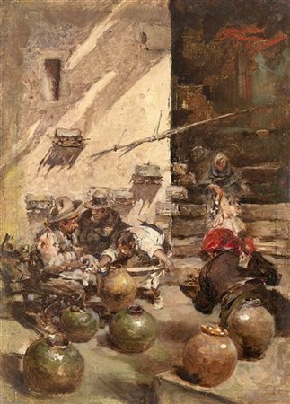Riccardo Pellegrini "Mercato dei vasi" 
olio su tela (cm 26,5x19)
Firmato in alt