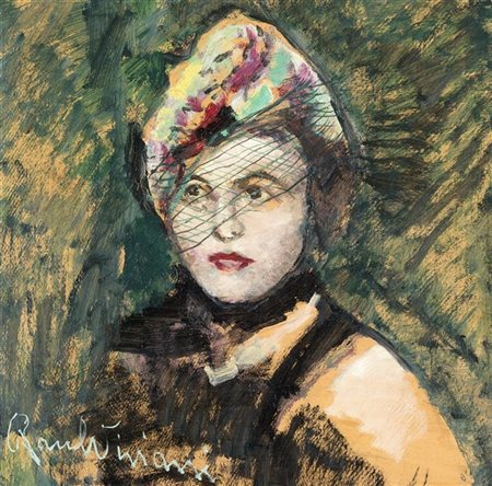 Raul Viviani "Donna con veletta" 
olio su cartone (cm 60x60)
Firmato in basso a