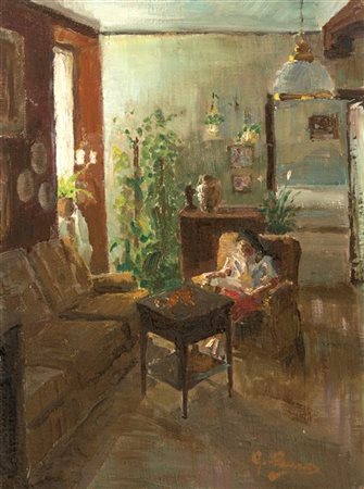 Giuseppe Ferdinando Piana "Interno" 
olio cartone telato (cm 40x30)
Firmato in b