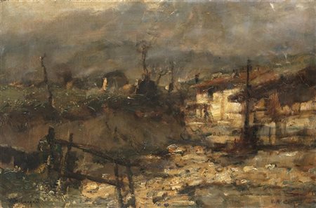 Vittore Antonio Cargnel "Campagna friulana"olio su tela applicata a compensato (cm 34x52)Firma