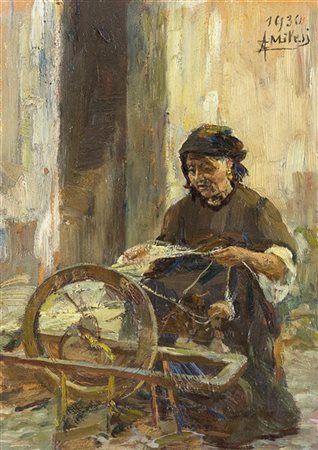 Alessandro Milesi "La filatrice" 1930
olio su cartone (cm 26x19)
Firmato e datat