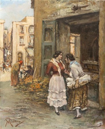 Vincenzo Migliaro "Mercato a Napoli" 
olio su compensato (cm 21x16,5)
Firmato in