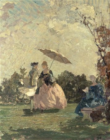 Emma Ciardi "Ottobre galante" 1918
olio su cartone (cm 43x33)
Firmato e datato i