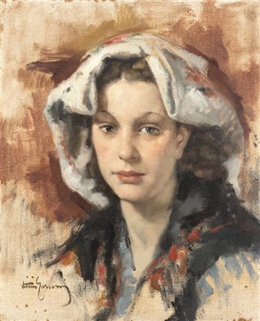 Vittorio Gussoni "Contadinella" 
olio su tela applicata a faesite (cm 49,5x40)
F