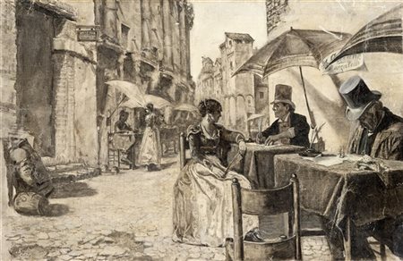 Fortunino Matania "Scrivans Publics" 
olio su tela (cm 28x47)
Al retro: iscritto