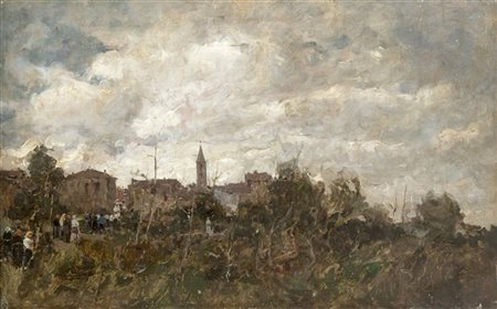 Angelo Dall'Oca Bianca "La processione" 
olio su tela (cm 36,5x58)
Firmato in ba