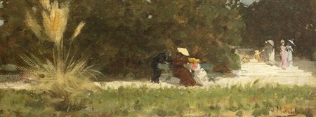 Giovanni Muzzioli "Giardino" 
olio su tela (cm 13x32,5)
Firmato in basso a destr