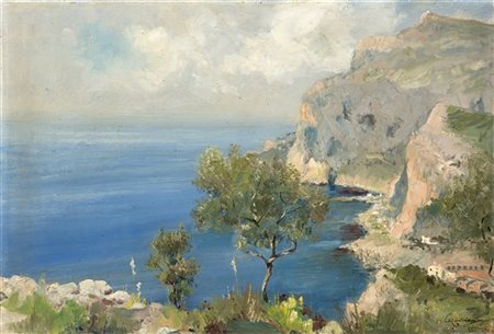 Giuseppe Casciaro "Marina a Capri" olio su tela applicata a cartone  (cm 35x53)Firmato e