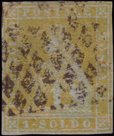 TOSCANA 1851
1s. giallo limone su azzurro

Cert. En. Diena. Firma Em. Diena, A.