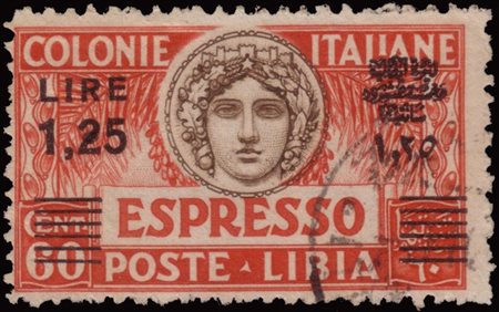 LIBIA 1933
Espresso. 1,25 lire/60c. carminio scuro e bruno, soprastampa nera

P