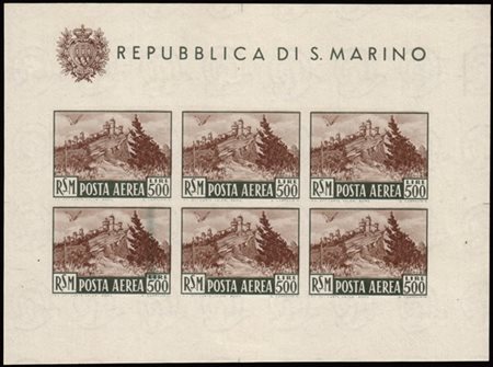 SAN MARINO 1951
Varietà. Foglietto posta aerea. 500 lire "Veduta", non dentella