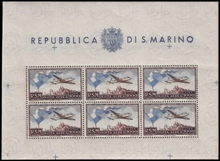 SAN MARINO 1951
Foglietto posta aerea. 1000 lire "Bandiera, aereo e veduta". Al