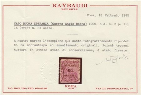 CAPO DI BUONA SPERANZA 1900 Assedio di Mafeking. 6d./3d. magenta Cert