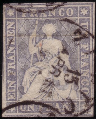 SVIZZERA 1856/1857
"Strubel". 1fr. grigio violetto con filo di seta giallo

Cer