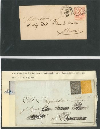 ANTICHI STATI: PARMA 1852/1859
Insieme di 5 lettere e 2 frammenti. Un certifica