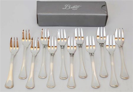 LOTTO DI DODICI FORCHETTE DA DOLCE IN ARGENTO 925, BELLOTTO g 287 circa,...