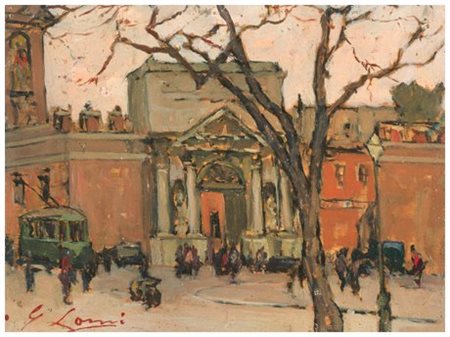 GIOVANNI LOMI Ardenza 1889 – 1969 Roma, Porta Pia 1940 ca. Olio su tavola...