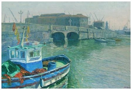 JOSEPH ANGIOLINI Livorno 1950 Darsena a Livorno 1991 Olio su faesite 50 x 70....