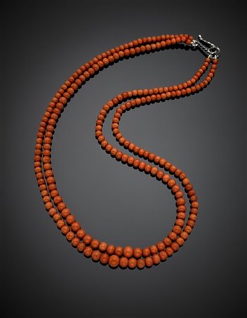 Collana a scalare a due fili di corallo arancione da mm 4 a mm 8 circa con chiu