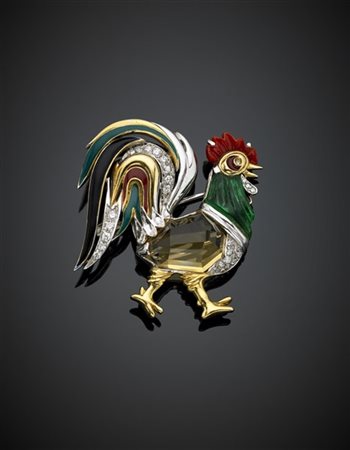 ROBERTO LEGNAZZI
Spilla a guisa di gallo in oro giallo e bianco, quarzo citrino