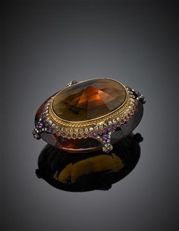 Scatola in quarzo citrino arancione rifinita in oro, argento, diamanti mezza ro