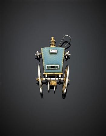 LUNATI
Spilla a guisa di carrozza in oro giallo e bianco, diamanti, smeraldi e