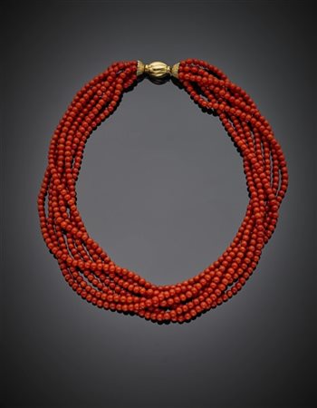 Collana torchon a sette fili a boules di corallo rosso di mm 4.00/4.50 circa co