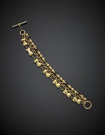 CELIN
Bracciale a tre catene rifinito con gemme rosa, viola e verdi, g 31,66, l