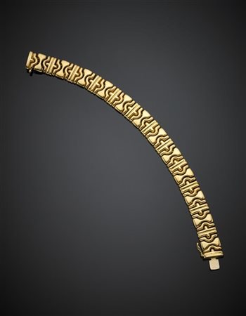 Bracciale in oro giallo con maglia modulare, g 36,54, lungh. cm 19,20, h cm 1,2