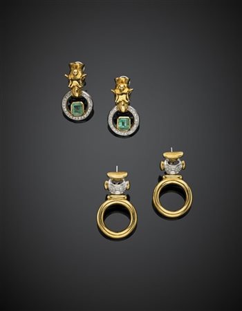Lotto di due paia di orecchini in oro giallo e bianco, smeraldi e diamanti, com