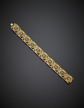 Bracciale modulare in oro giallo rifinito con smalto blu e verde con pietre sin