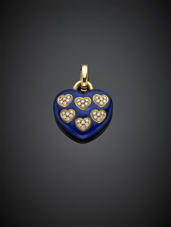 Pendente a guisa di cuore in oro giallo con diamanti e smalto guilloché blu, g