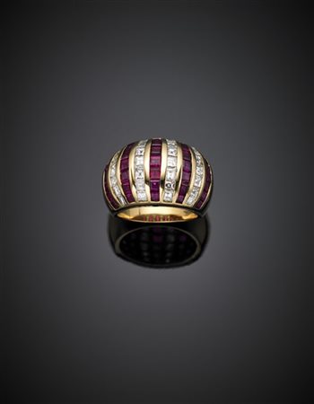 *SABBADINI
Anello in oro giallo, diamanti e rubini calibré, g 12,50 misura 11/5