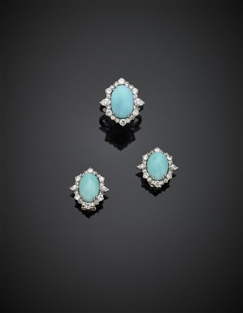 Demi-parure in oro bianco, turchesi cabochon e diamanti per complessivi ct. 2,8