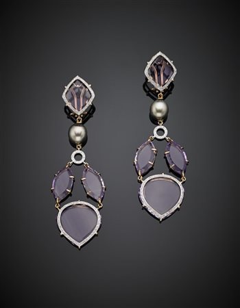 Orecchini pendenti con perno e clip in oro rosa, ametiste flat e perle grigie r