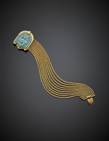 Bracciale in oro giallo multifili e amazzonite scolpita sulla chiusura, g 90,29