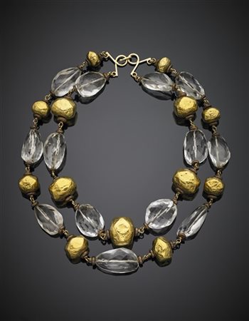 Collana a due fili in quarzo ialino sfaccettato rifinita con chiusura e legatur