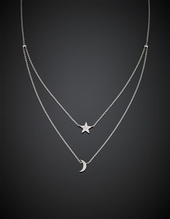 Collier in oro bianco con centrali a guisa di stella e luna rifiniti in diamant